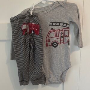 Carter’s Gray Fire Truck Baby Onesie and Striped Pants Set